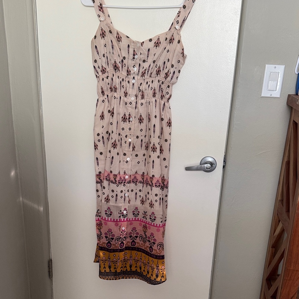 Sleeveless Cream Printed Midi Dress with Button Front